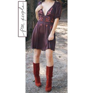 Vintage Free People Stardust Plum Satin Mini Dress Embroidered Sz 2